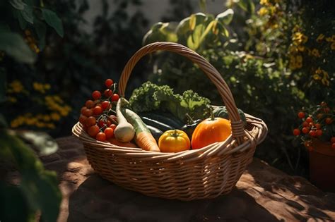 Weidenkorb mit frischem bio gemüse im garten an einem sonnigen tag