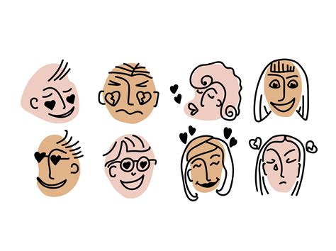 Doodle People in Love. Faces with emotions of love, happiness, flirting ...