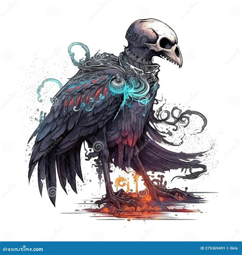 Scary Dead Raven Artistic Illustartion. Crow and Scull Colorful ...