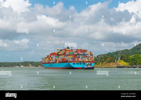 A Large Container Ship With Freight Cargo Passing Through The Panama