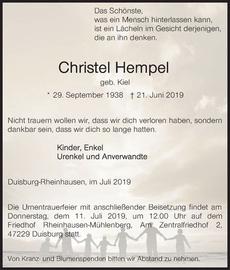 Traueranzeigen Von Christel Hempel Trauer In Nrw De