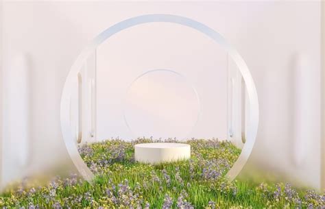 Fondo De Podio De Belleza Natural Con Renderizado 3d De Campo De Flores