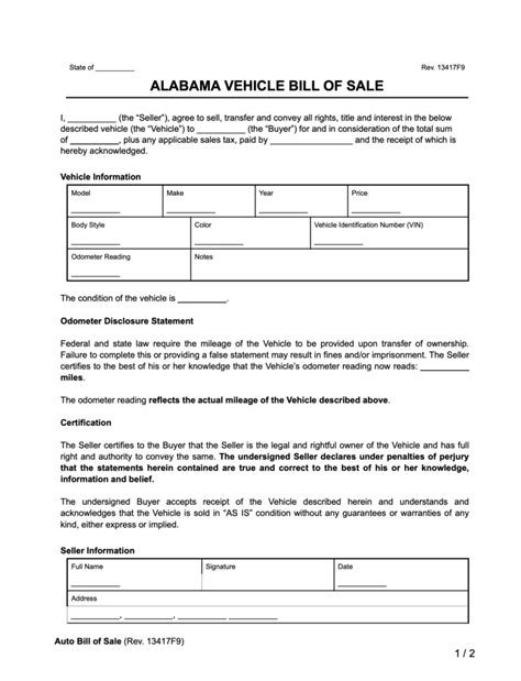 Free Alabama Motor Vehicle Bill Of Sale Form Pdf And Word