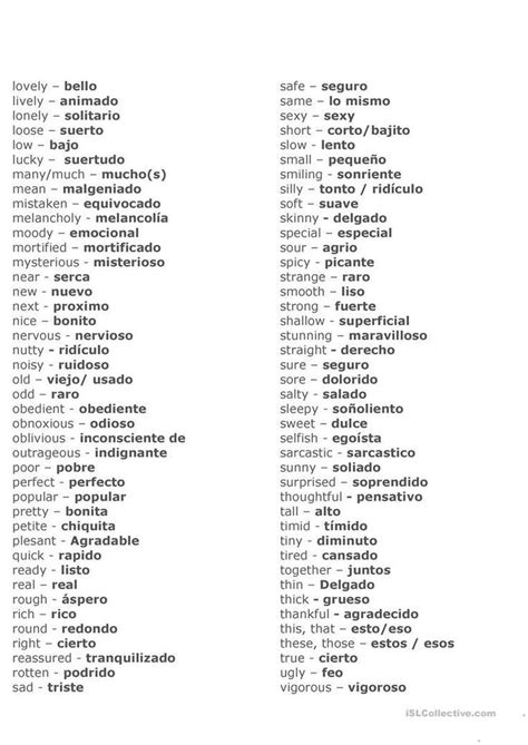 List Of Adjectives In Spanish