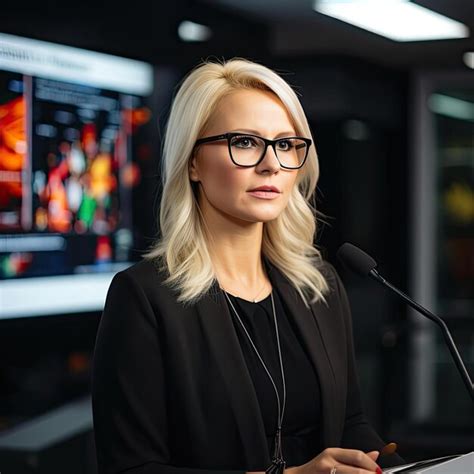 Premium Ai Image Female News Presenter With Glasses Delivering Narrativedriven Visual Storytelling