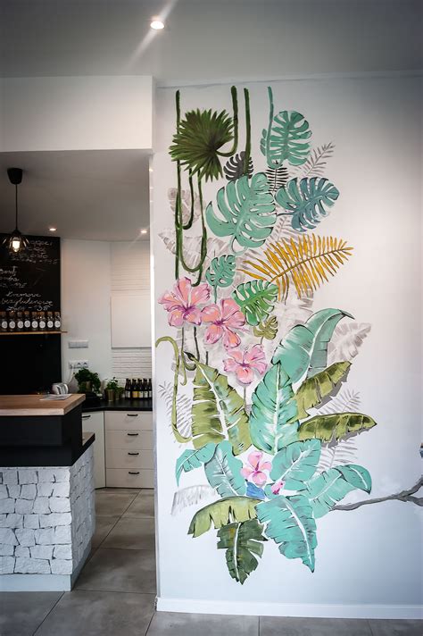 Projekt ściana Tropical Wall Paiting With Flowers Monstera Leafs Banana Leafs Jungle Wall