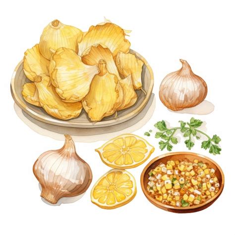 Clipart De Acuarela Hiperrealista De Ajo Crujiente Y Papas Fritas En El