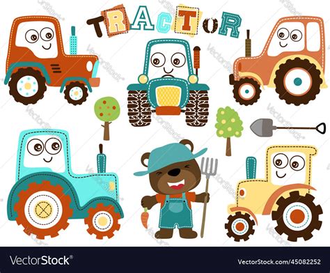 Set Of Funny Tractor Cartoon With Cute Bear Vector Image