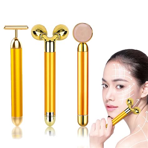 24k Gold Energy Beauty Bar Set Facial Massager Vibration Massage Stick Slimming Face Roller