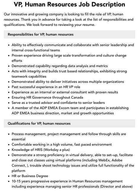 Vp Human Resources Job Description Velvet Jobs