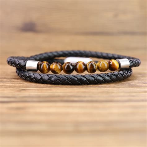 Coai Mens Tiger Eye Stone Beaded Leather Bracelet