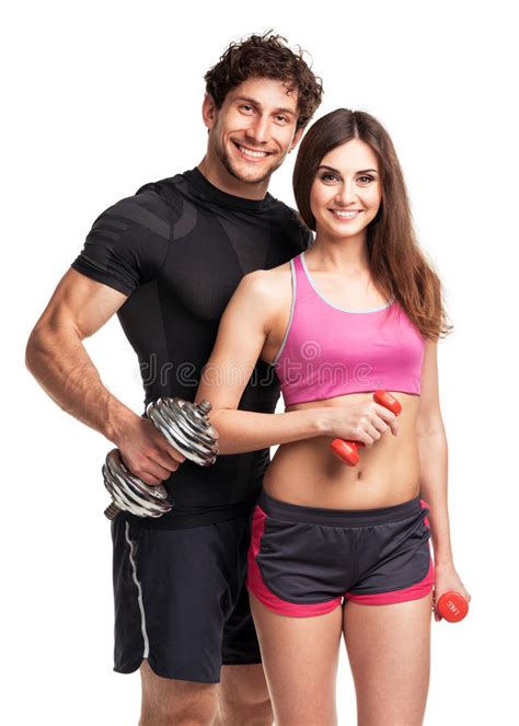 Athletic Couple Man And Woman After Fitness Exercise On White Stock