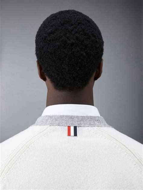 Shetland Wool Raglan Bar Relaxed V Neck Cardigan Thom Browne