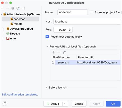 Run Debug Configuration Attach To Node Js Chrome Intellij Idea