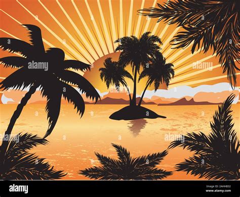 Palm trees silhouette on sunset tropic beach background Stock Vector Image & Art - Alamy