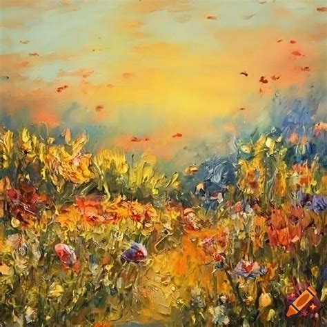 Field Of Beautiful Wildflowers Oil Painting Vintage