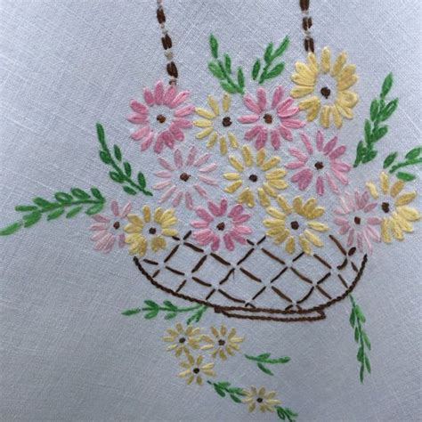 Vintage Hand Embroidered Tablecloth Flower Baskets Embroidery