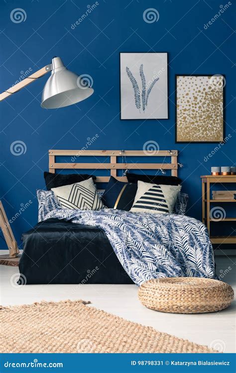 Blue Bedroom with Wooden Furniture Stock Image - Image of interior ...