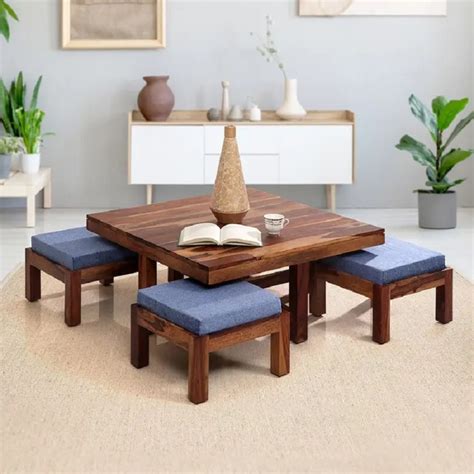 Vanda Solidwood Square Coffee Table With 4 Stool Honey My Wooden Store