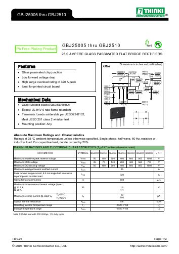 GBJ2510 Datasheet PDF Thinki Semiconductor Co Ltd 25 0 AMPERE