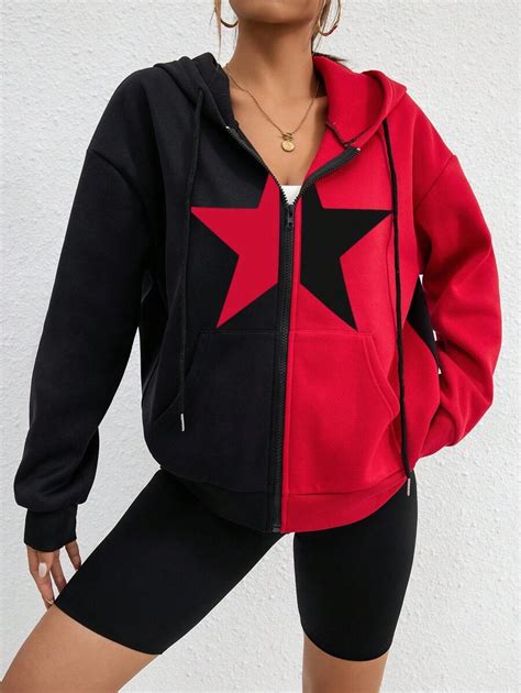 Star Print Zip Up Drop Shoulder Drawstring Hoodie Shein Usa