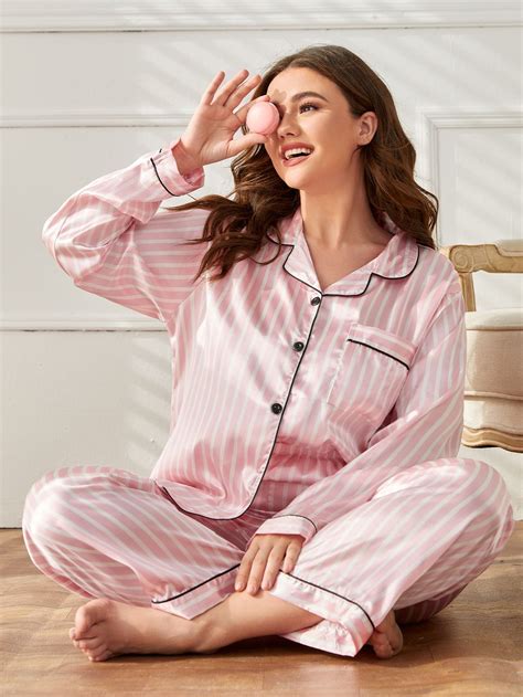 Plus Vertical Striped Contrast Piping Satin PJ Set Satin Pj Set Cute