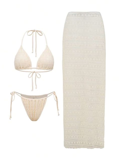 Swim Oasis Premium 3pcs Set Women Bikini Set Triangle Cup Halter Neck Net Fabric Sexy And