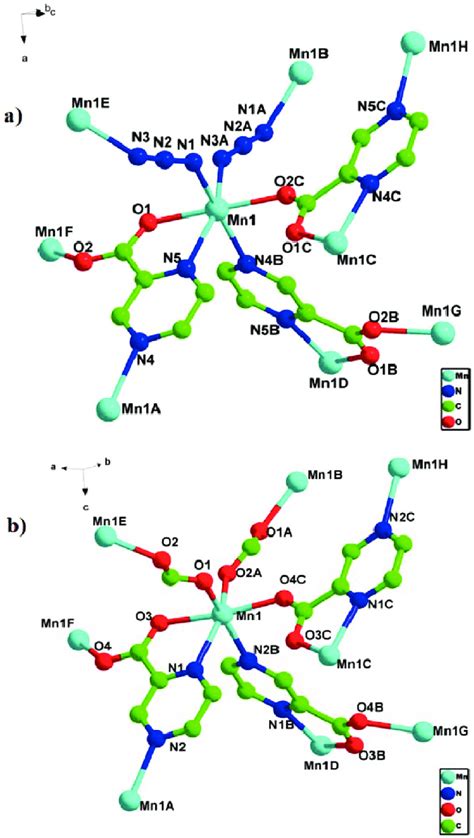 Coordination and linkage modes of Mn II ions and ligands in 1 (a) and 2 ...