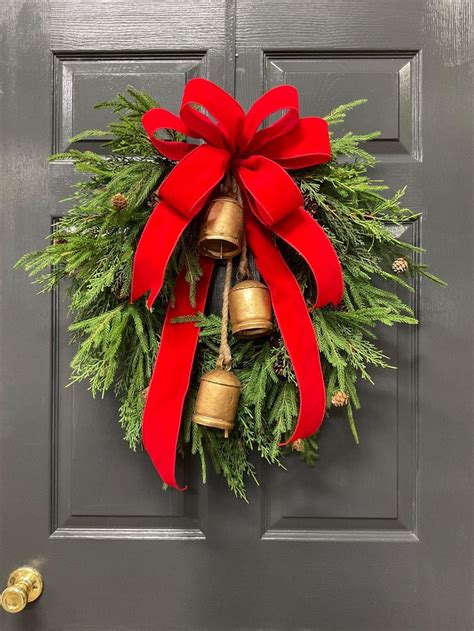 Norfolk Pine And Cedar Wreath With Gold Bells Traditional Christmas