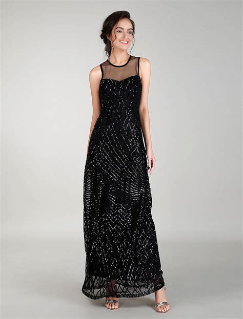 Black Evening Dresses Maxi Sequin Prom Dress Illusion Neck Long