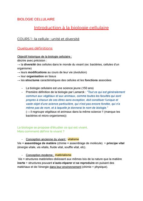 Cm La Cellule Notes De Cours Biologie Cellulaire Introduction