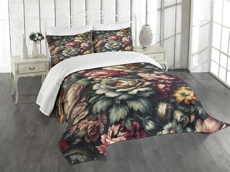 Ambesonne Floral Quilted Bedspread Set 3 Pcs Jumble Garden Peony