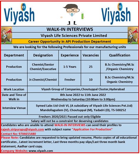 Viyash Life Science Pvt Ltd Walk In Interview For Freshers