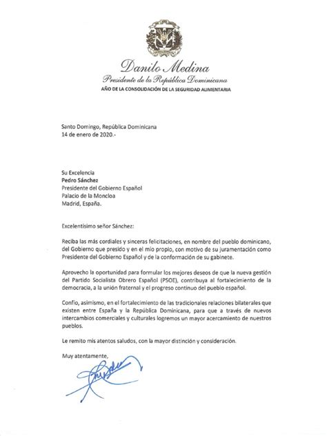 Carta De Felicitación Del Presidente Danilo Medina A Pedro Sánchez Con Motivo De Su