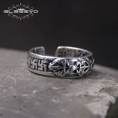 GLSEEVO S925 Sterling Silver Buddhism Six Words Mantra Ring Thai Silver