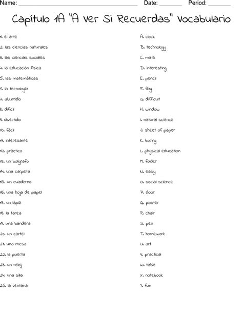 Capítulo 1A A Ver Si Recuerdas Vocabulario Worksheet WordMint