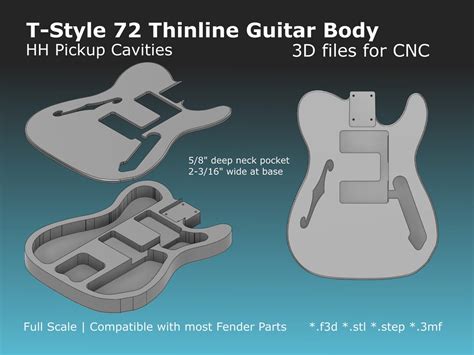 72 Thinline Tele Style Electric Guitar Body Cad Files Stl F3d Step 3mf For Cnc Guitar Building