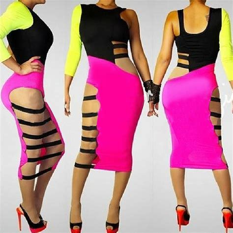 Sexy Pink Black Yellow Bodycon Bandage Night Club Dress N8576