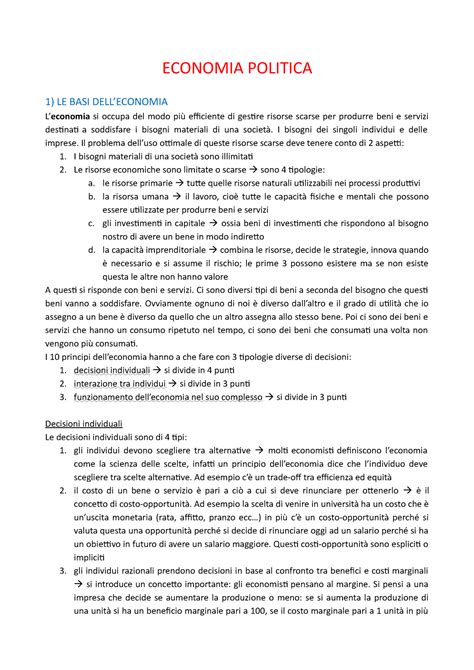 Appunti Economia Politica Semestre Economia Politica Le Basi