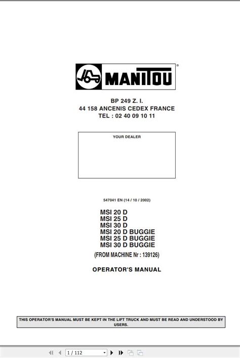 Manitou Forklift MSI20D To MSI30D BUGGIE Operator Manual