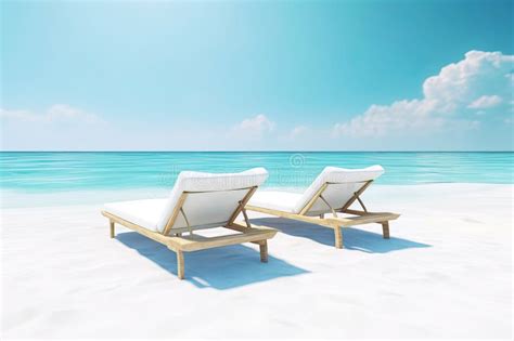 Two Wooden Deckchairs On Tropical Beach With Turquoise Ocean Stock