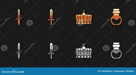 Set Dagger Medieval Sword King Crown And Poison Bottle Icon Vector