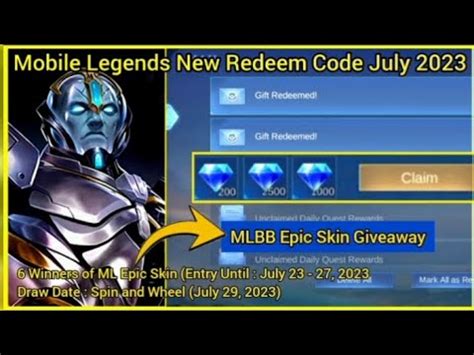 Mobile Legends Redeem Code July 26 2023 ML EPIC SKIN GIVEAWAY MLBB