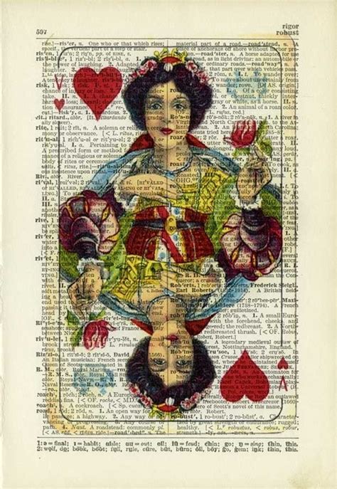 Vintage Playing Card Queen Of Hearts Printed On Old Page