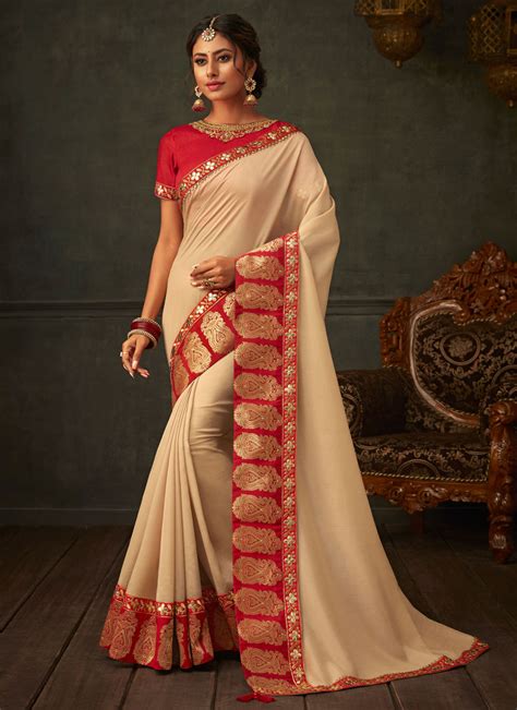 Buy Online Embroidered Poly Silk Beige Designer Saree