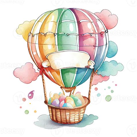 Watercolor Hot Air Balloon In The Sky Colorful Vintage Illustration