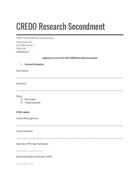 Fillable Online Research Secondment Form Credo Unisi Fax Email