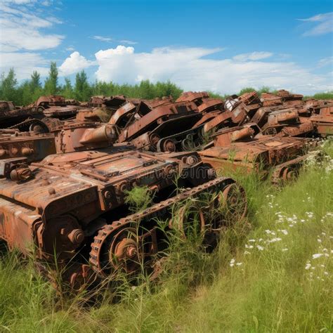 Many Old Rusty Abandoned Crashed Military Transport Standing In Summer