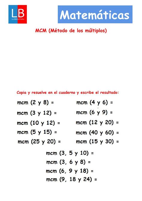 Ejercicio De Mcm M Nimo N M Ltiplo Por El M Todo De Los M Ltiplos