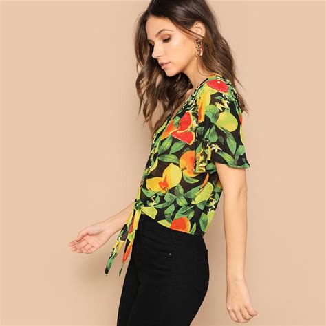 Boho Multicolor Fluttered Half Sleeve Knot Front Tropical Print V Neck